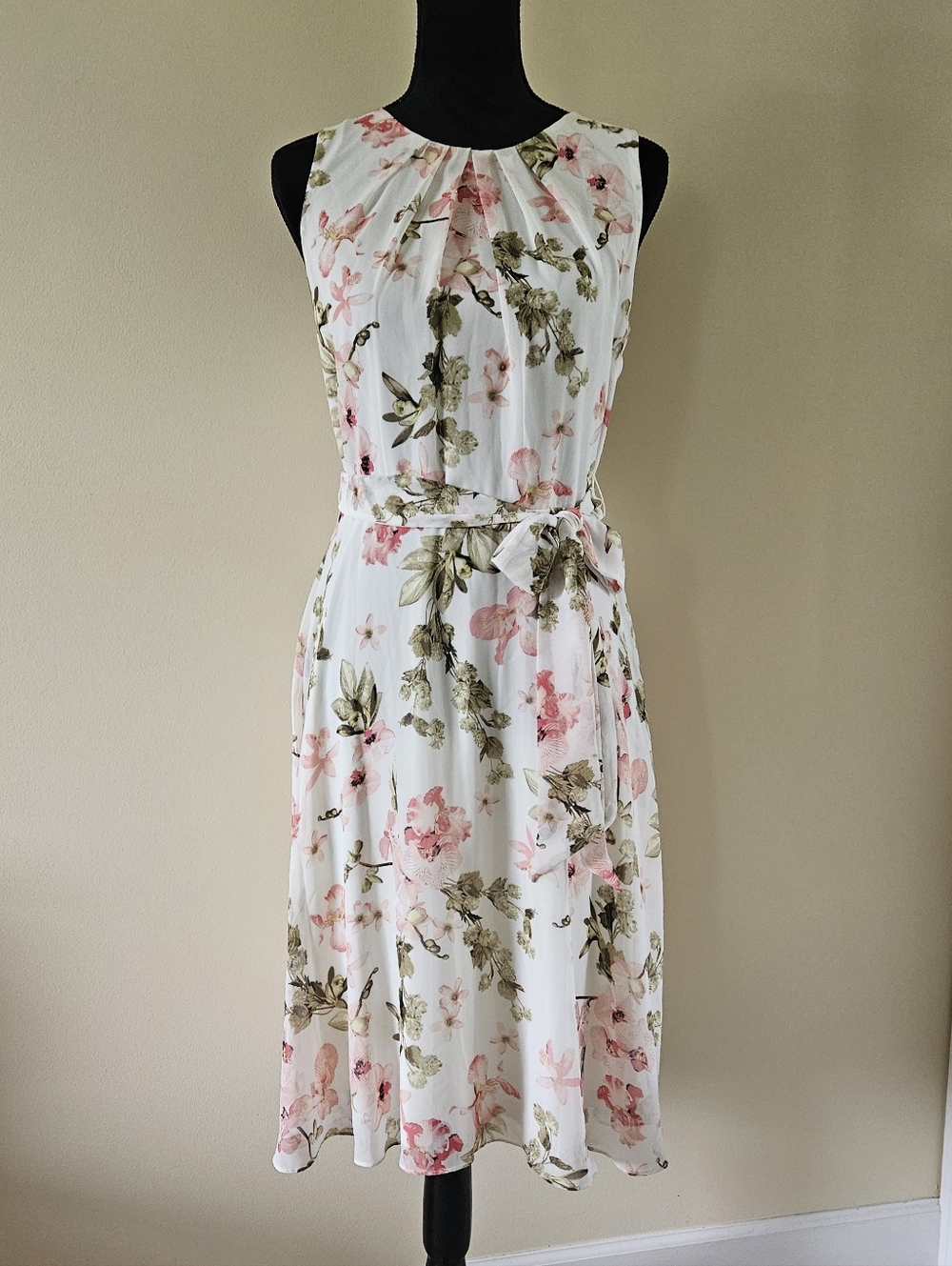 JH Sleeveless Floral Tie-Waist Fit & Flare Chiffon Dress Cream Pink Size 8